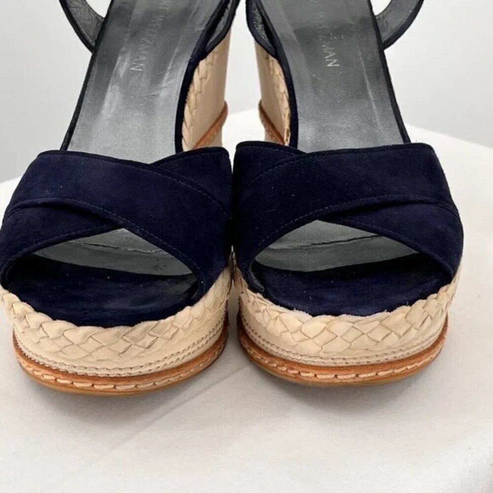 Stuart Weitzman Wedge Heeled Sandals Suede Navy Blue/Ivory 11.5 Ankle Strap Open